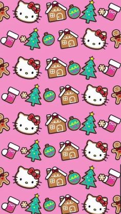 hello kitty christmas wallpaper with gingerbreads and other holiday decorations on a pink background