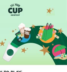 an advertisement for the new starbucks cup contest, featuring coffees and drinks on a green background