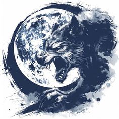 a wolf with its mouth open and the moon in the background