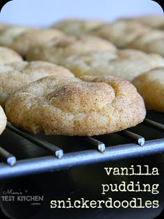 several baked goods sitting on top of a rack with the words vanilla pudding snickkerdoodles