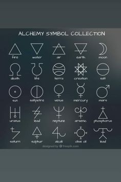 the alchemy symbol collection is shown in white on a black background, with different symbols