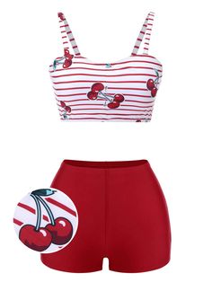 Red 1950s Striped Cherry Strap Swimsuit 50s Bikinis Vintage, Cutest One Piece Swimsuit, Cherry Swimsuit, Cherry Stuff, Plus Size Edgy, Retro Stage, Cute One Piece Swimsuits, Vintage Romper, Beach Fits