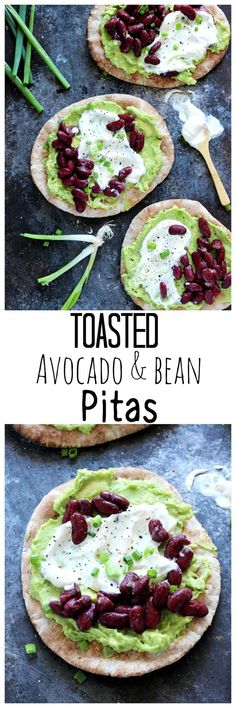 two pictures showing how to make toasted avocado and bean pita pizzas