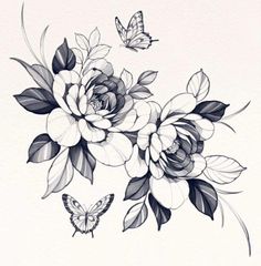 a drawing of flowers and butterflies on a white background