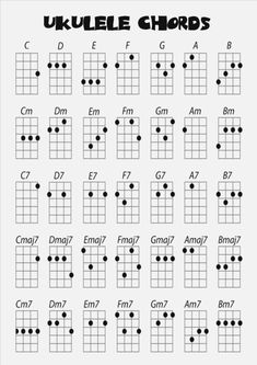 the ukulele chords are arranged in black and white, with dots on them