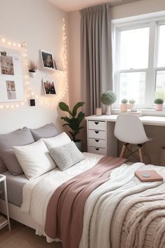 a bedroom with a bed, desk and chair in front of a window filled with lights