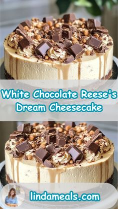 two pictures of a cake with chocolate and cream toppings on the top, and bottom