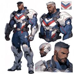 the concept art for captain america is shown in three different poses, including an iron man and