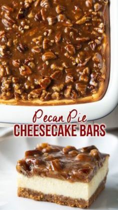 pecan pie cheesecake bars on a white plate