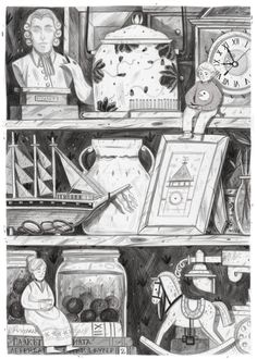 a black and white drawing of shelves with various items