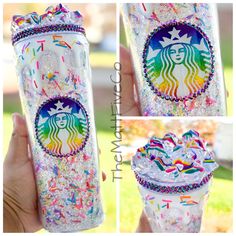 the starbucks cup is decorated with confetti and sprinkles