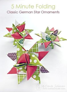 an origami star made out of paper with polka dots on it and the words 5 minute folding classic german star ornaments