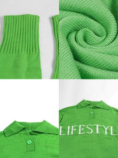 Material:90-95% Polyester & Spandex. Features:Long sleeves. ribbed knit. button. letter print. loose sweater.Style: Casual Trendy Green Sweater With Ribbed Collar, Trendy Ribbed Knit Polo Sweater, Oversized Knit Tops With Letter Print, Trendy Knit Polo Sweater With Ribbed Collar, Trendy Knit Polo Sweater, Trendy Sweater With Ribbed Collar And Stretch, Trendy Stretch Sweater With Ribbed Collar, Spring Knit Tops With Letter Print, Spring Letter Print Knit Tops