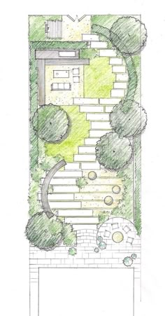 a drawing of a garden with trees and bushes