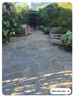 a stone patio with benches and potted plants in the back ground, surrounded by greenery