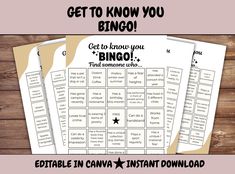 the printable game to get to know you bingo is on top of a wooden table