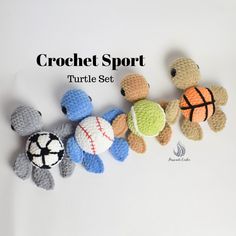 crocheted stuffed animals lined up in a row with the text crochet sport turtle set