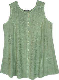 A plus-size soft stonewashed rayon mini dress in a soothing green color with floral embroidery and button front.  This elegant sleeveless plus-size dress with a round neck gives a subtle flare that makes you look dainty. #tlb #Sleeveless #Stonewash #Embroidered #bohemianfashion #Plussizedress #GreenPlusDress #RenaissancePlusDress Bridesmaids Outfits, Dress With Floral Embroidery, Floral Embroidery Dress, Girly Pop, Plus Size Mini Dresses, Boho Jacket, Green Dresses, Trendy Skirts, Printed Wide Leg Pants