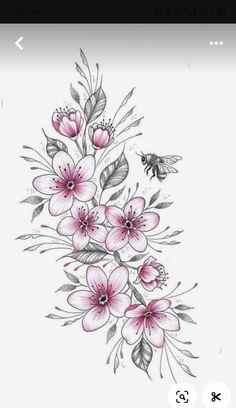 a drawing of flowers and a bee on a white background