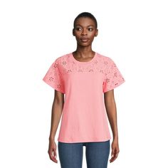 A simple top becomes a statement with this Time and Tru Eyelet Yoke Top, ideal for adding feminine flair to laidback weekends with its relaxed fit and easy pullover styling. Crafted in a soft and comfortable cotton fabric, it is a perfect pairing with your favorite jeans or pants and a cute pair of sandals. Exclusively at Walmart. Size: S.  Color: Pink.  Gender: female.  Age Group: adult. Yoke Top, Womens Summer Shorts, Simple Top, Favorite Jeans, Perfect Pair, Pullover Styling, Summer Women, Short Sleeves Tops, Casual Women