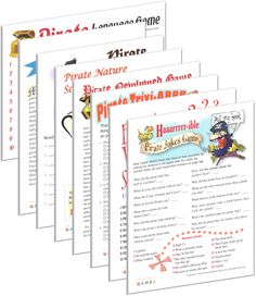 five pamphlets for the pirate national tournament are shown in four different colors and font options