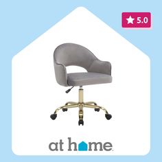 a gray office chair with wheels on the back and an at home sign above it