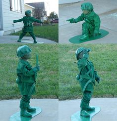 three pictures of two children in green costumes