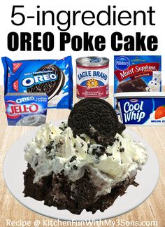 an oreo poke cake on a plate with ice cream and cookies in the background