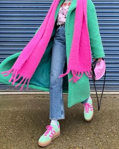 Adidas Gazelle Mint Green Outfit, Pink And Green Winter Outfit, Pink And Green Gazelles, Green Teddy Coat Outfit, Hot Pink Boots Outfit, Adidas Gazelle Street Style, Pink Trainers Outfit, Pink Gazelle Adidas Outfit, Adidas Gazelle Women Outfit