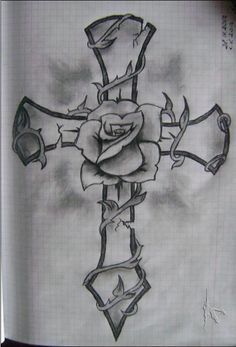 a drawing of a cross with a rose on it