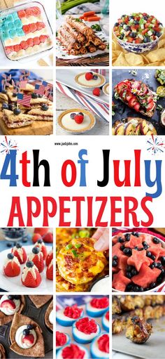 the fourth of july appetizers collage is shown in red, white and blue