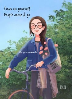 a woman with glasses is standing next to her bike and holding a bag that says, focus on yourself people come & go