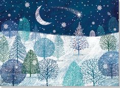 a snowy night with trees and stars in the sky greeting card by julia d'ambroise