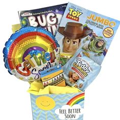 a toy story book and balloon in a gift box