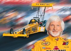 an old man with a yellow race car in front of him