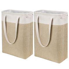 two jute bags with handles on each side, one is white and the other is beige