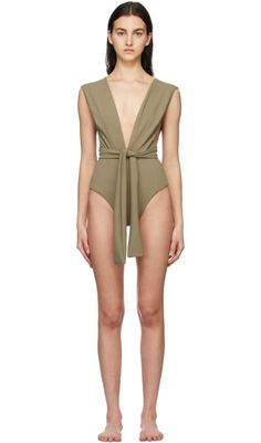 Green Crepe V One-Piece Swimsuit Stretch Crepe, Low Back, Luxury Streetwear, Sage Green, One Piece Swimsuit, Designer Fashion, Rompers, Perfect Clothing, Women Wear