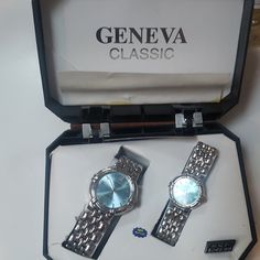 New Geneva Watch Set New With Box Elegant Blue Watch Accessories For Gift, Elegant Blue Watch Accessories As Gift, Blue Watch Accessories For Gift, Classic Blue Watch As Gift, Classic Blue Watches As A Gift, Classic Blue Watches For Gifts, Elegant Blue Analog Watch, Elegant Blue Watches For Formal Occasions, Classic Blue Stainless Steel Jewelry