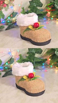 two pictures of shoes with christmas decorations on them