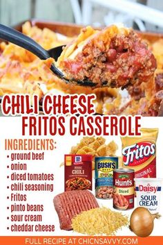 an advertisement for chili cheese fritos casserole, including ground beef and cheesy pasta