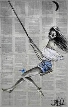 a drawing of a woman swinging on a pole with the moon above her head and in front of newspaper pages