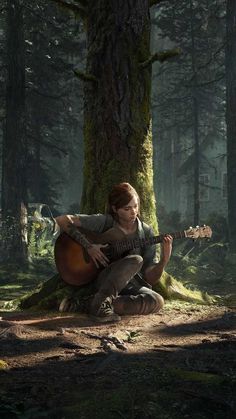 a woman sitting on the ground with a guitar in front of a tree and mossy forest