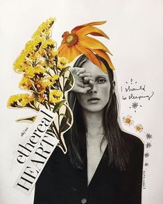 a woman with a yellow flower on her head is surrounded by words and flowers that spell out the word happiness