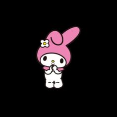 an image of hello kitty in the dark with flowers on her head and ears sticking out