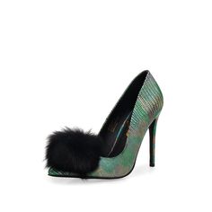 Material: Patent Leatherette with real fur pom on toe Heel Height: 4.5 inches Fit: True to size Chic Synthetic Heels For Winter, Chic Winter Heels In Synthetic Material, Glamorous Winter Leather Heels, Glamorous Leather Heels For Winter, Leather Heels For Winter Party, Winter Party Leather Heels, Green High Heel Winter Heels, Chic Heels With Feather Trim And Round Toe, Chic Feathered Heels With Round Toe