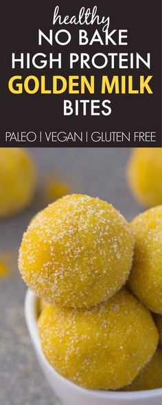 no bake high protein golden milk bites in a white bowl with text overlay