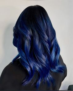 blue hair with black roots Blue Hair With Black Roots, Dark Blue Hair With Bangs, Blue Hair Dark Roots, Black Hair With Colored Roots, Blue Hair With Black, Blue Roots Black Hair, Black Hair Purple Highlights, Hair With Black Roots, Cobalt Blue Hair