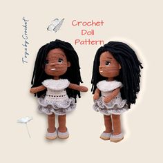 two crocheted dolls are standing next to each other on a white background with the words crochet doll pattern