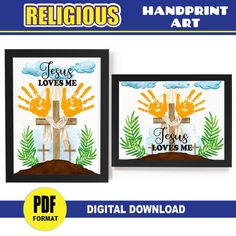 "★ DIGITAL DOWNLOAD ★ Religious Cross \"Jesus Loves Me\" Handprint Art / Fun Sunday School Activity for Kids! Create a beautiful keepsake with this personalized art. Just stamp the kid's HANDPRINTS.  ★ Print on cardstock paper for best results. ★YOUR DOWNLOAD INCLUDES: ✔ x1 Cross - Jesus Loves Me Handprint Template - HORIZONTAL/Landscape (Size 8.5\"x11\") ✔ x1 Cross - Jesus Loves Me Handprint Template -VERTICAL (Size 8.5\"x11\") ★FORMAT: ➤PDF / Printable / Digital Download / Print and Go / Letter Size 8.5x11 inches ★ This file is for PERSONAL USE ONLY. Commercial use and unauthorized distribution is NOT allowed. Copyright © 2023 FuntastiK Printables by TLG. All Rights Reserved ★ If you have any questions or concerns, please do not hesitate to contact us. Customer satisfaction is our number Easter Handprint Art, Handprint Template, Easter Handprint, Sunday School Activities, Easter Story, Easter Religious, Handprint Crafts, Easter Cross, Handprint Art