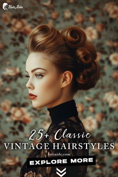 Capture the essence of vintage romance with these beautiful hairstyles, perfect for adding a touch of whimsy to any occasion. 💕💇‍♀️ 1930s Hair With Bangs, 70s Updo Hairstyles Vintage, 1940 Updo Hairstyles, Vintage Hairstyles 1940s, Vintage Hat Hairstyles, 1950s Prom Hairstyles, Vintage Hollywood Glamour Hairstyles, Long Hair Vintage Styles, Vintage Hairdo